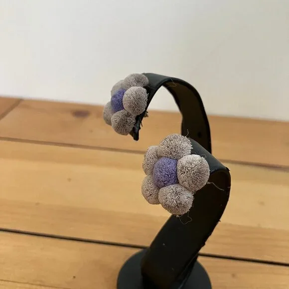 Indigenous Hand Crafted Moose Hair Tufted Gray and Purple Pom Flower Earrings - Picture 6 of 6
